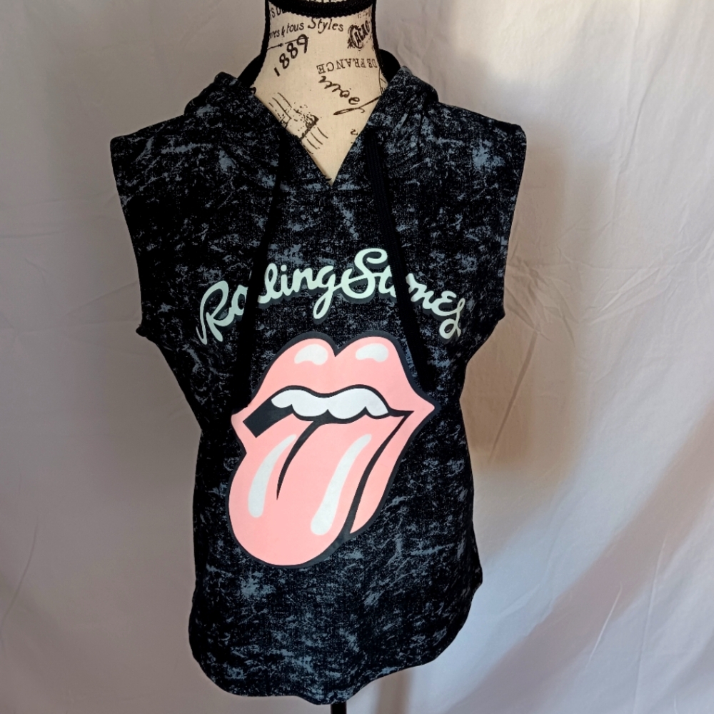 Rolling Stones_SleevelessBlack Acid-Wash Hoodie with Pink Tongue Logo
